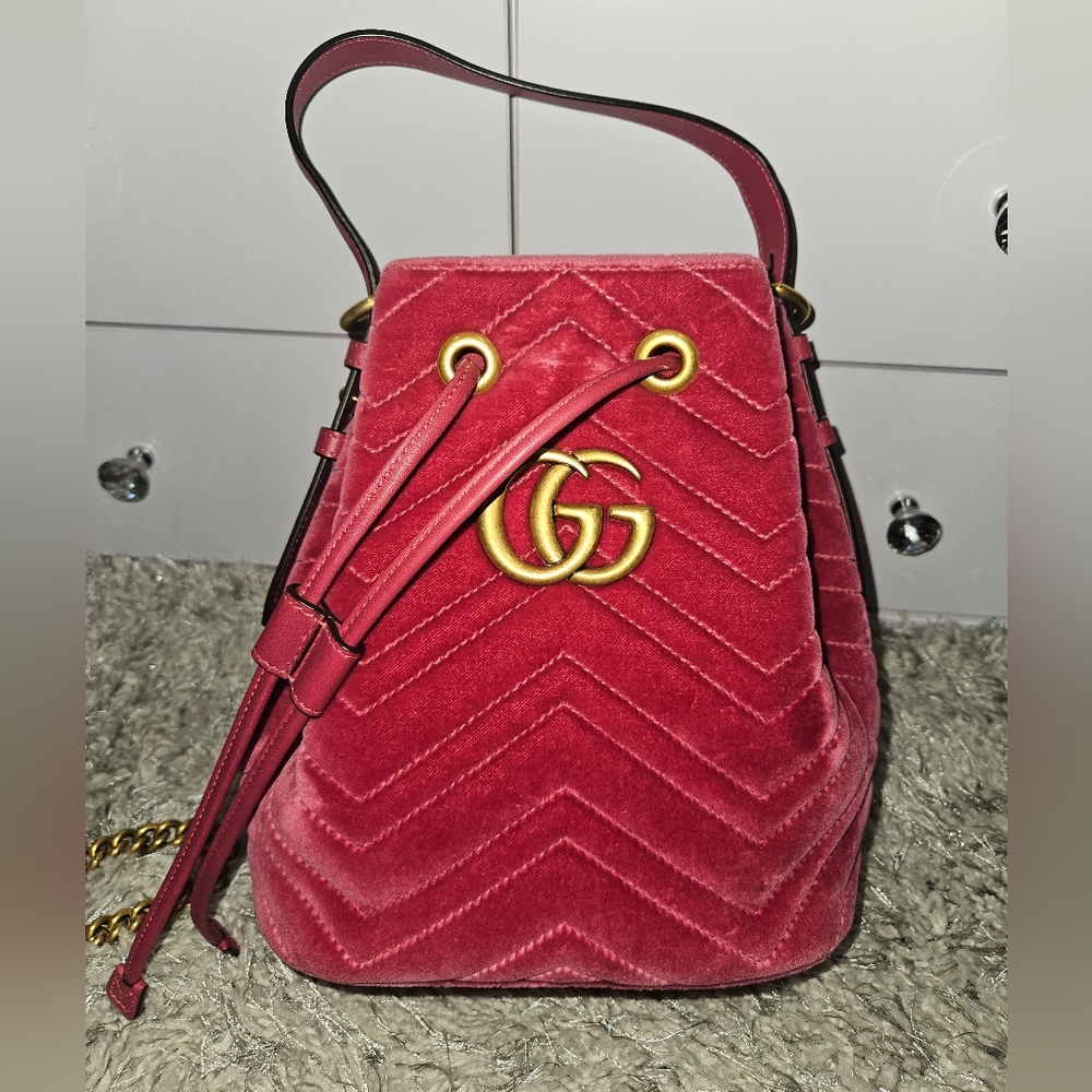 Authentic Velvet Gucci Marmont Bucket Bag